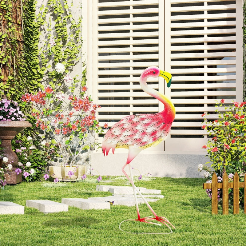 Pink Flamingo Garden Statue - Metal Bird Art Outdoor Sculpture with Ground Stakes for Decoration