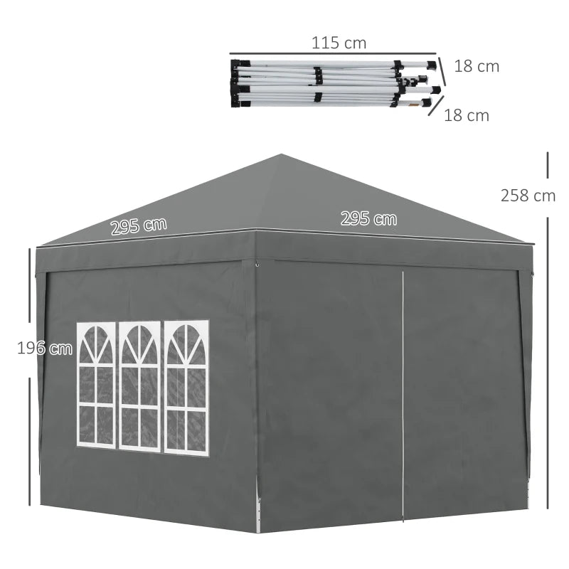 Grey 3x3m Pop Up Waterproof Gazebo Tent with Windows & Carry Bag