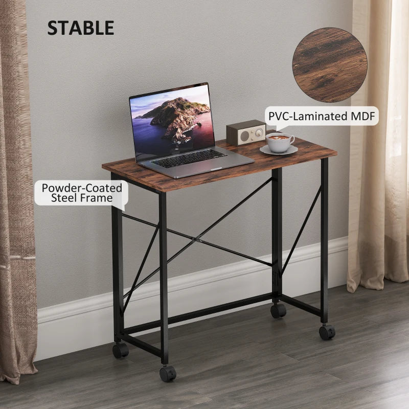 Rustic Brown 80 cm Folding Desk on Wheels - Space-Saving, Portable Workstation for Home Office & Study