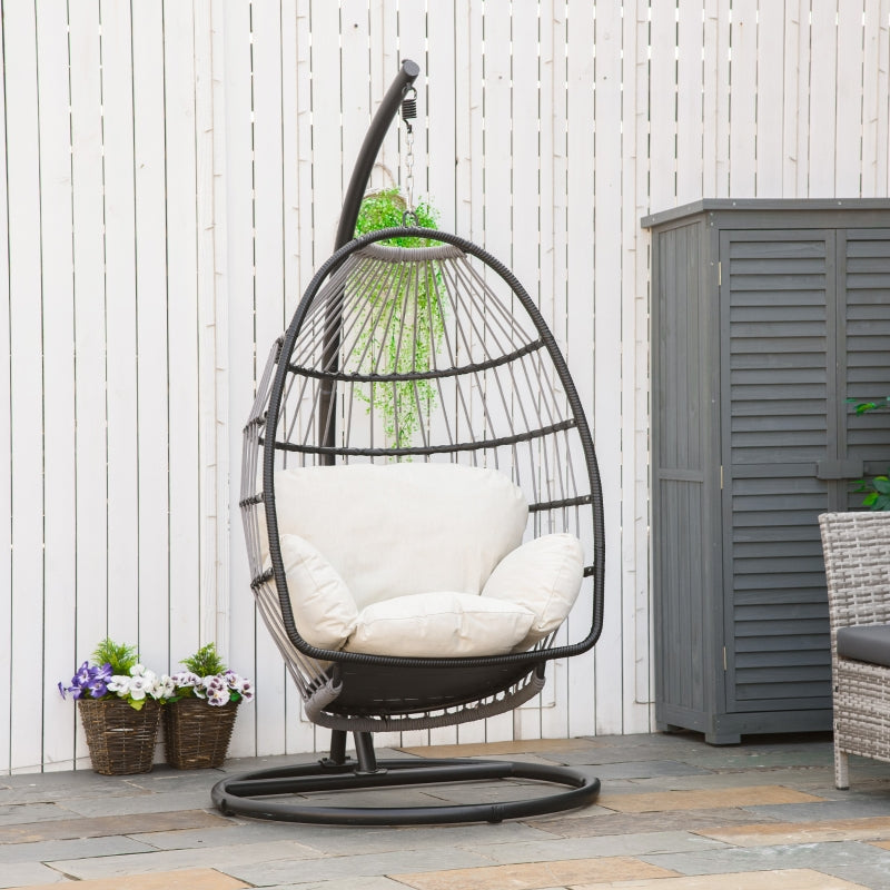 Black Rattan Hanging Egg Chair with Cushion and Stand
