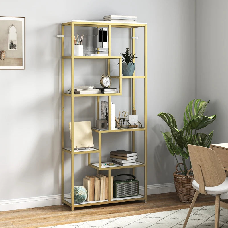 Unique Seven-Tier Geometric Bookcase in White and Gold Tone - Stylish Storage Solution for Modern Home Decor