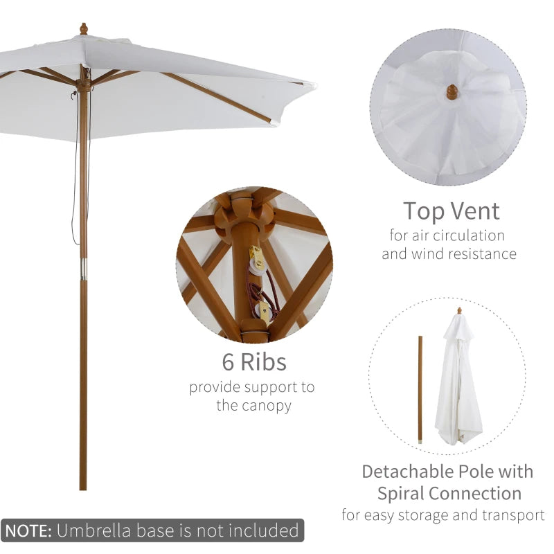 White 2.5m Wood Patio Umbrella with 6 Ribs and Top Vent