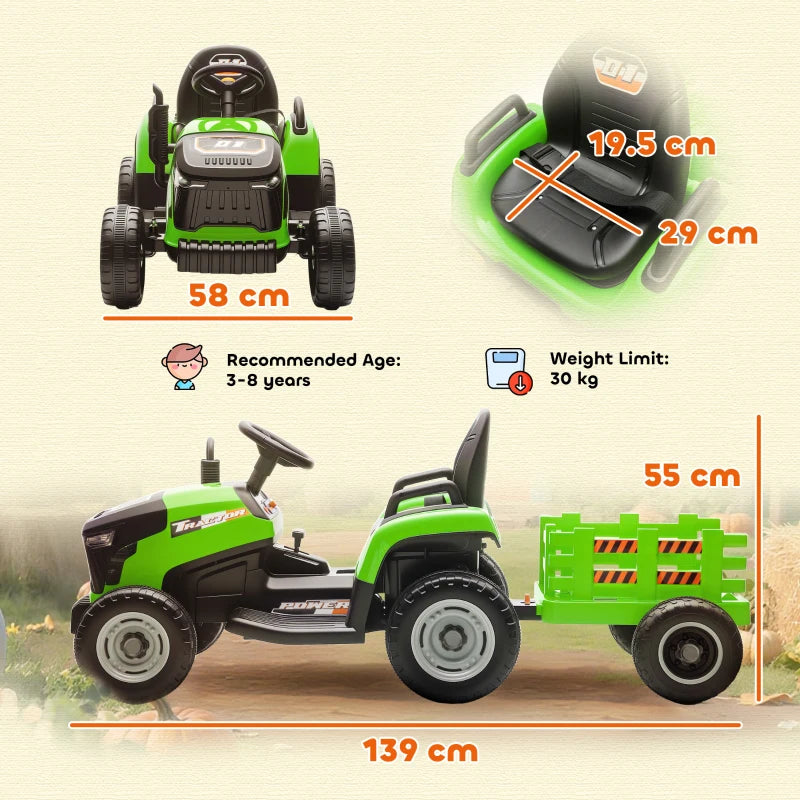 12V Kids Ride on Tractor with Trailer Remote Control Music for Ages 3-8 Green