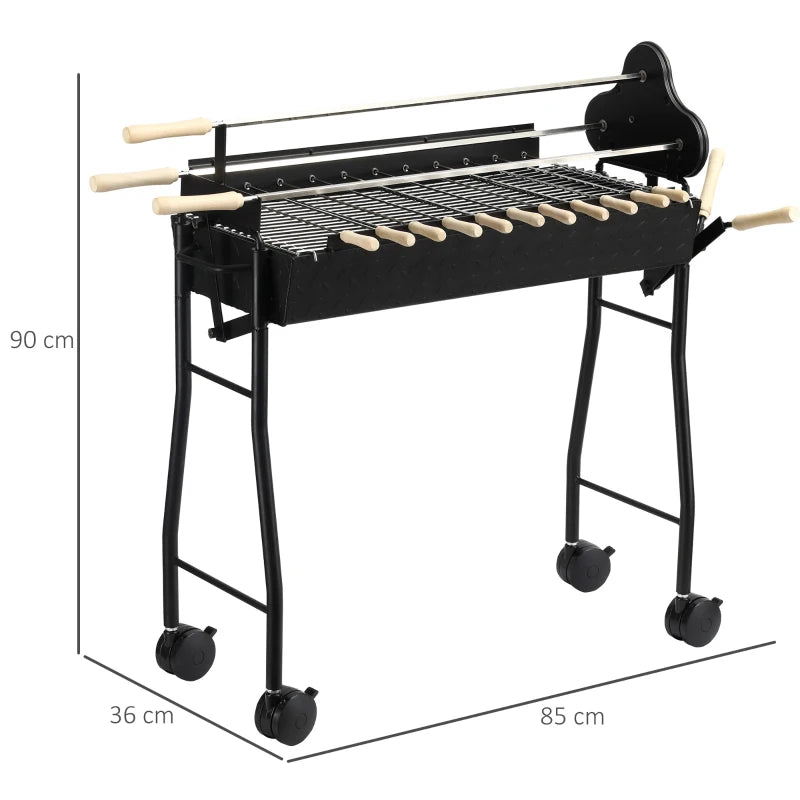 Portable Charcoal BBQ Grill with 4 Wheels - Black (85x36x90cm)