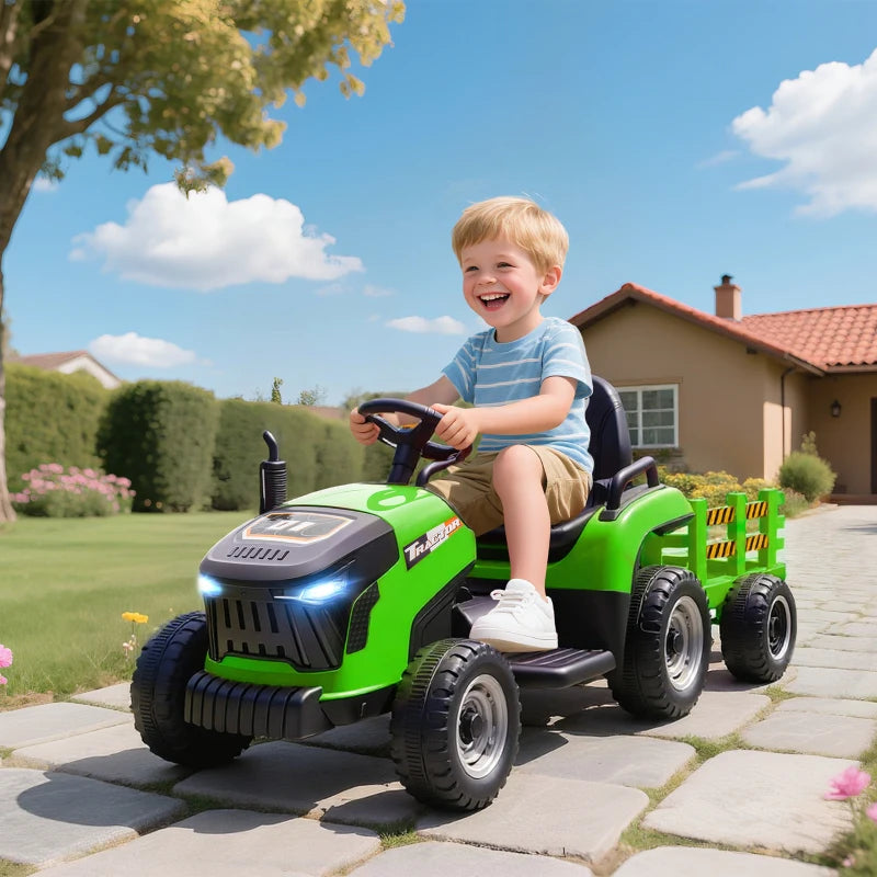 12V Kids Ride on Tractor with Trailer Remote Control Music for Ages 3-8 Green