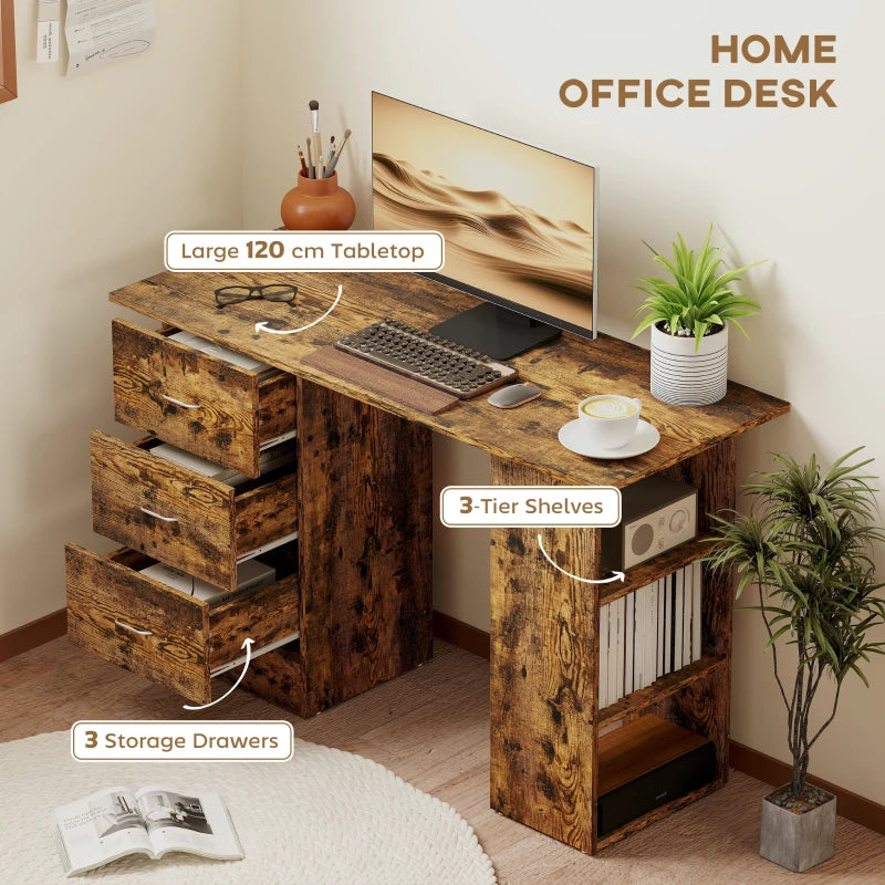 Rustic Brown Computer Desk with 3 Storage Shelves & Drawers, Stylish Writing Table for Home Office, Silver Handle PC Workstation
