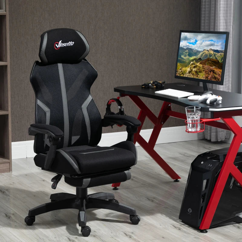 Vinsetto Ergonomic Mesh Office Chair with Footrest & Lumbar Support - Adjustable Height, Swivel Wheels, Black Grey