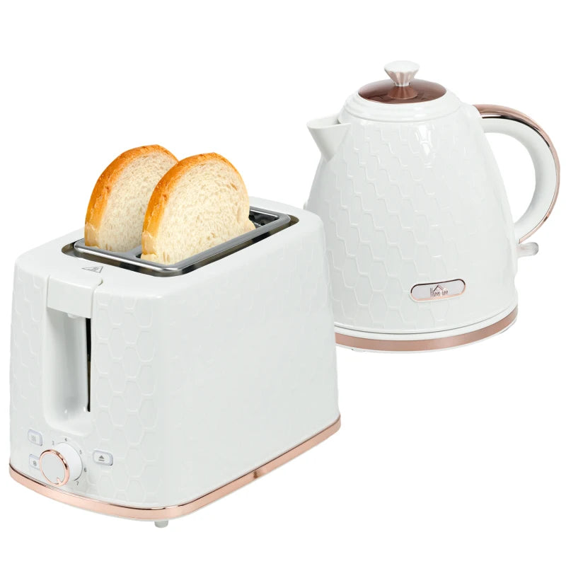 1.7L 3000W Fast Boil Kettle & 2 Slice Toaster Set - Auto Shut Off, Browning Controls, Stylish White Finish