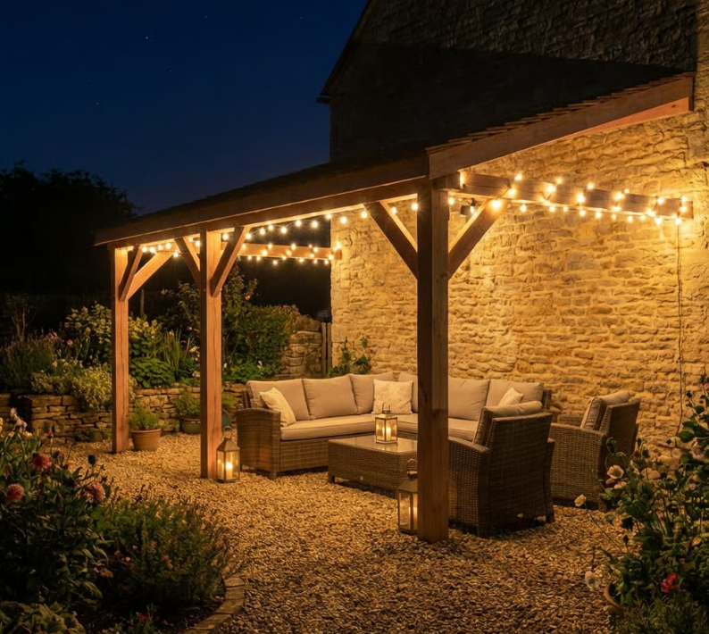 Planed Larch Lean-To Gazebo with Cedar Featheredge Roof