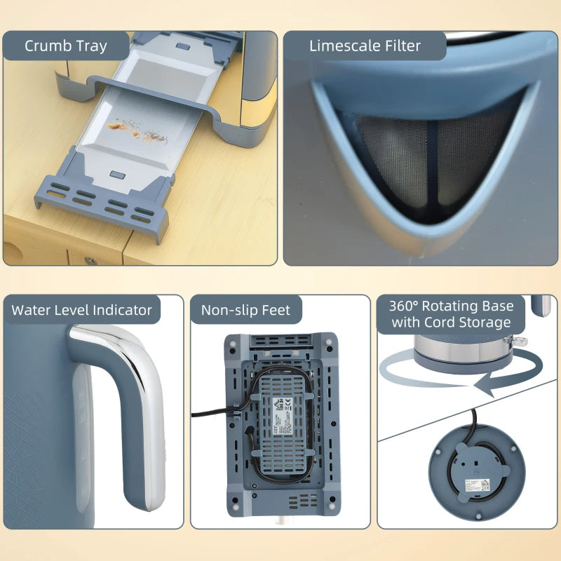 Sleek Blue Textured Kettle and Toaster Set - Modern Kitchen Appliances for Stylish Cooking and Toasting