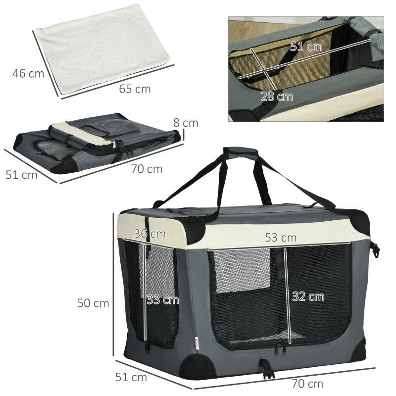 70cm Foldable Pet Carrier with Cushion for Small Dogs & Cats - Grey Portable Travel Bag