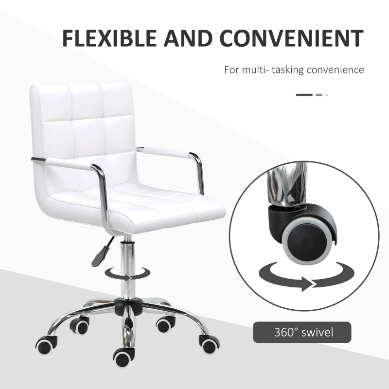 Vinsetto White Makeup Vanity Chair - PU Leather Mid Back Office Chair with Adjustable Height, Armrests & Rolling Wheels
