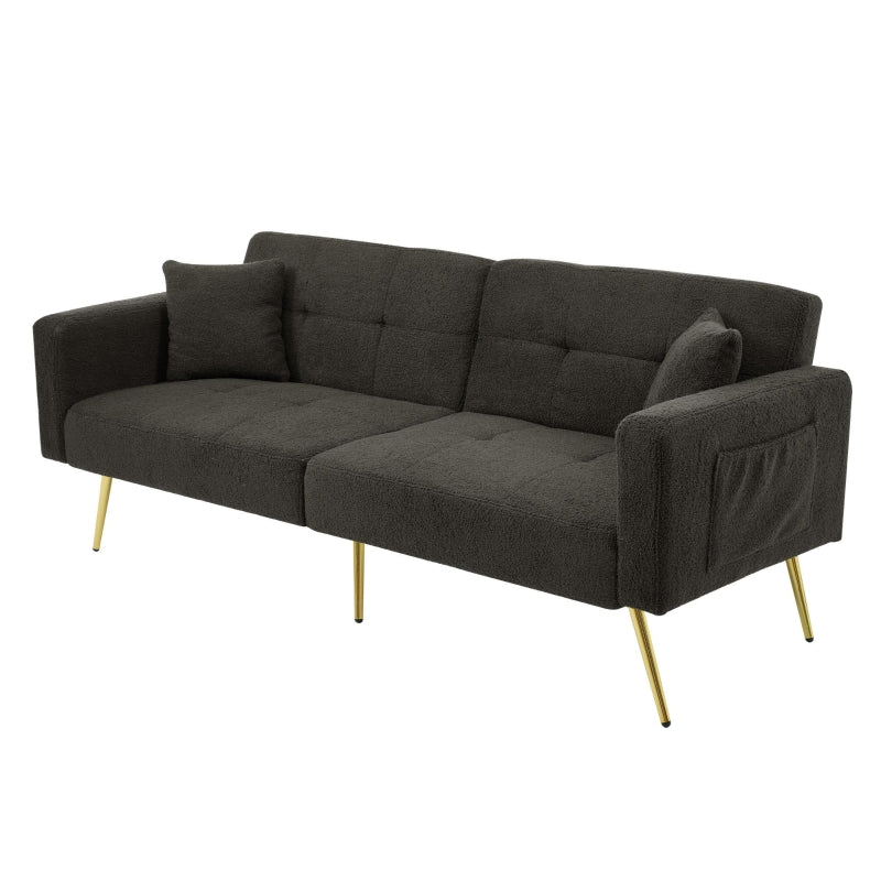 Stylish Modern Loveseat Sofa Bed with Adjustable Backrest, Gold Legs, and Side Storage Pockets in Dark Grey