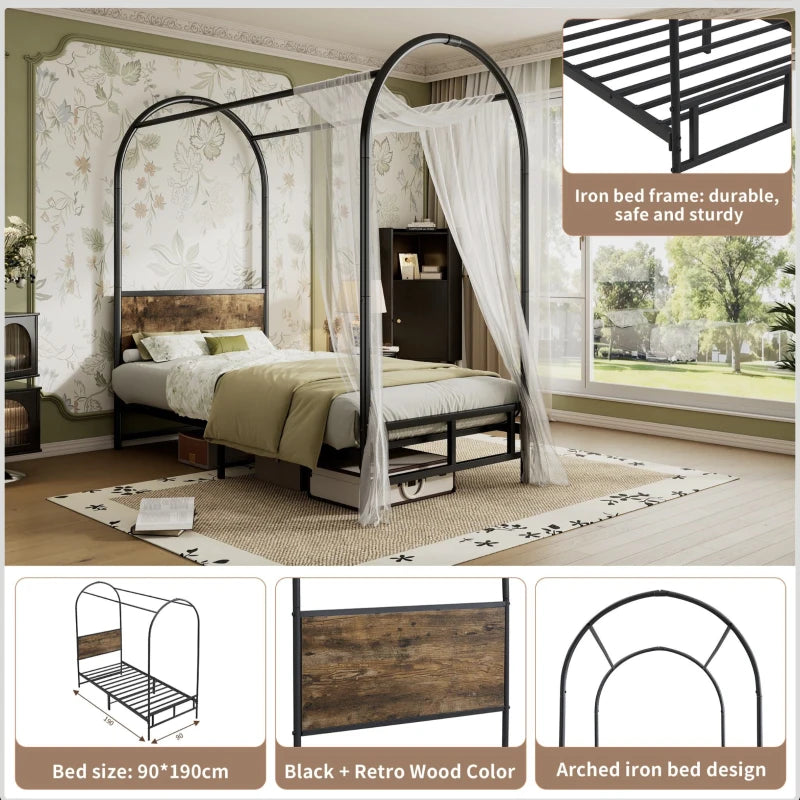 Durable Metal Canopy Bed Frame with Wood Headboard - Easy Self-Installation, Black, 195L x 90.5W x 192H cm