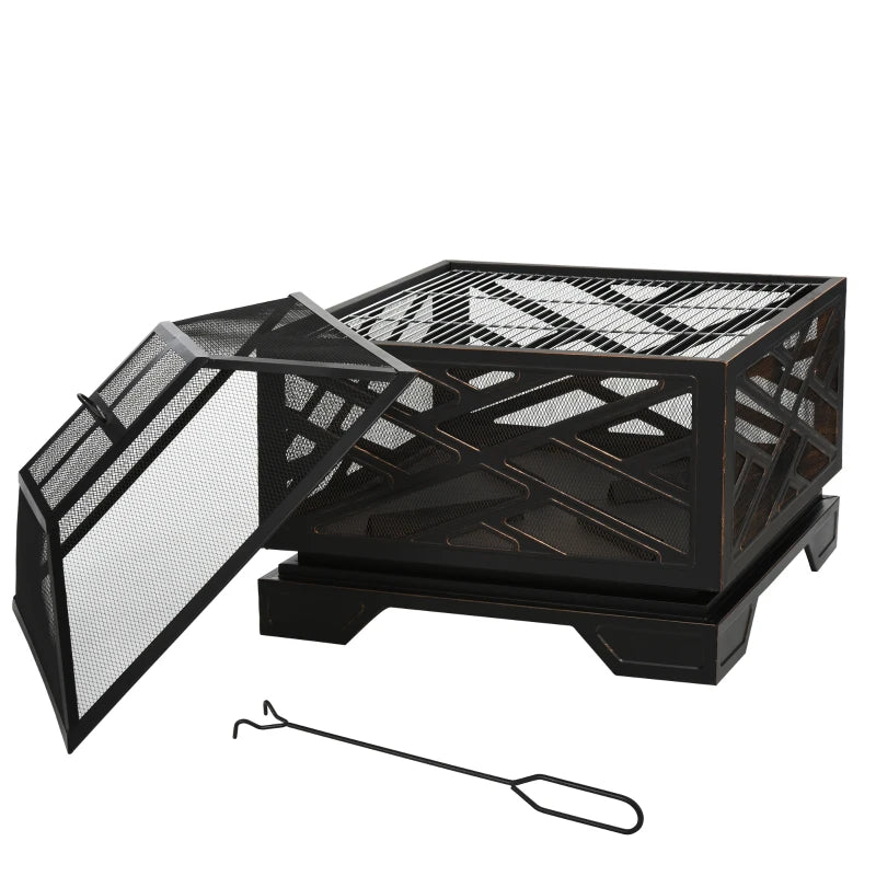 Black Square Fire Pit with Grill Shelf and Lid