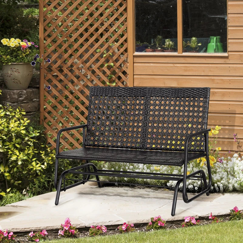 Black 2-Seater Rattan Glider Bench with Steel Frame