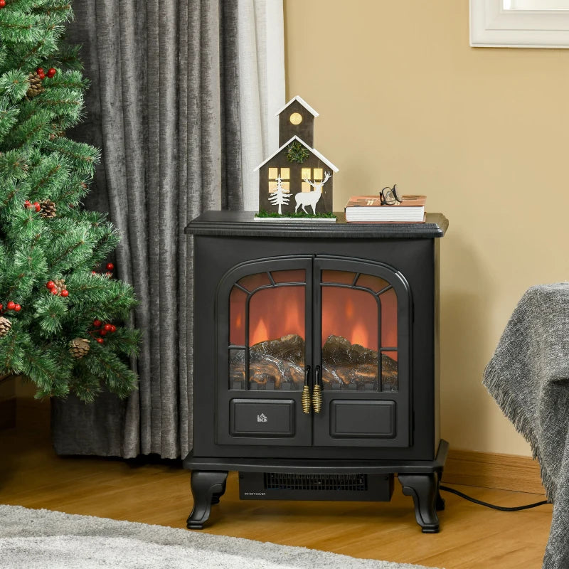 Electric Fireplace Stove Heater with LED Flame Effect Freestanding Portable Overheat Protection 1000W 2000W Black