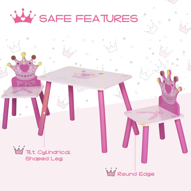 3-Piece Kids Table and Chair Set - Princess & Crown Theme - Pink Home Furniture Gift for Ages 2-4