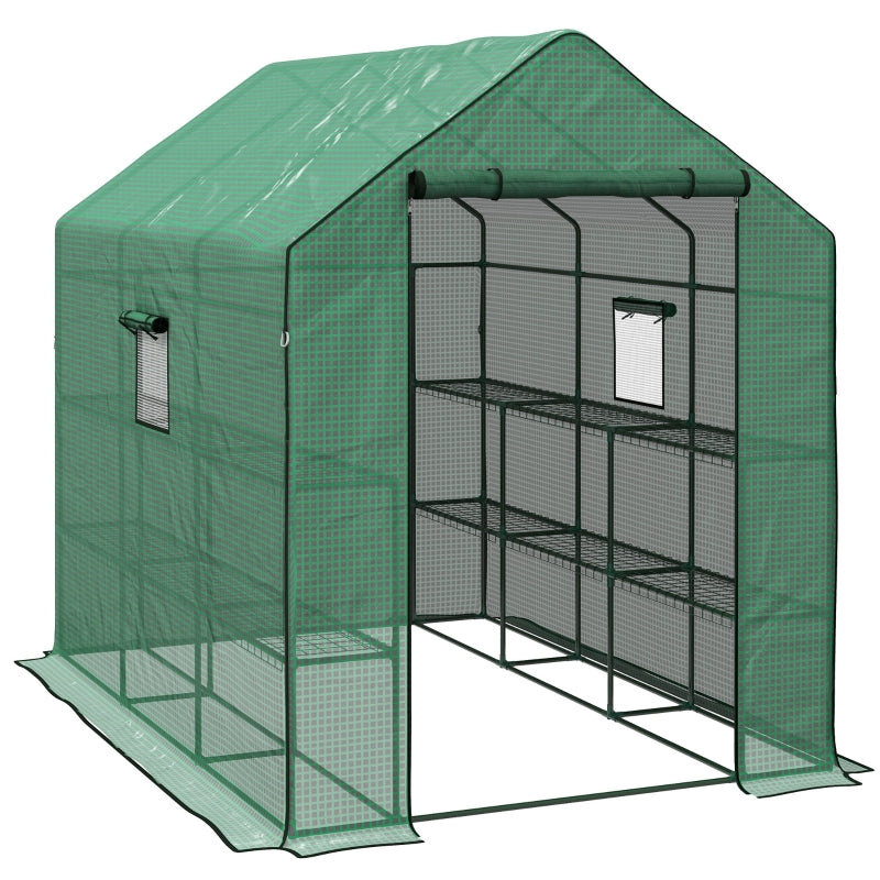 Green 3-Tier Walk-in Garden Greenhouse with PE Cover, Roll-up Door, Mesh Windows - 140 x 213 x 190cm