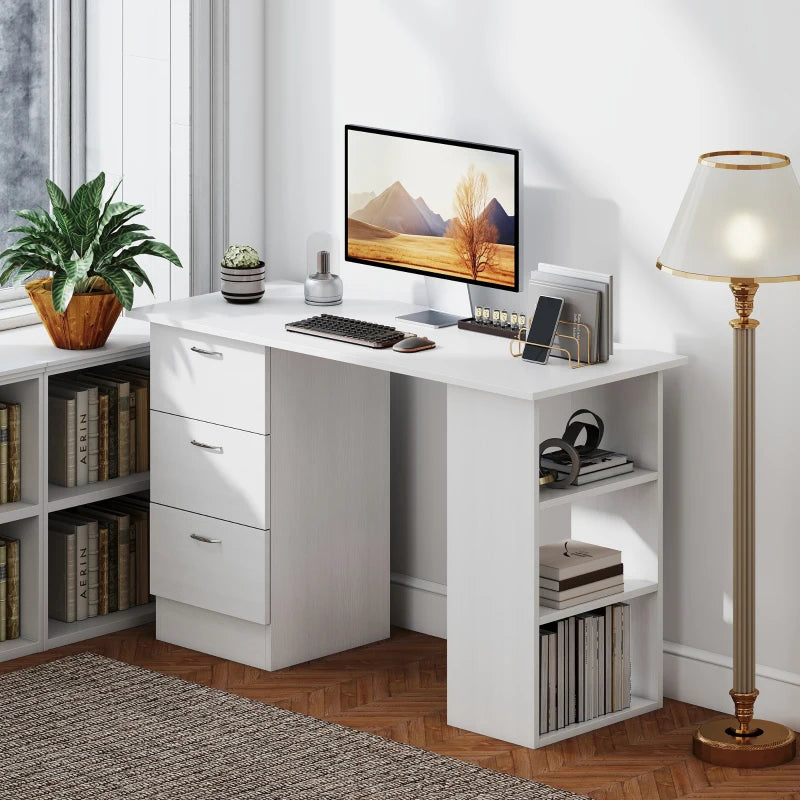 Modern White Computer Desk with 3 Storage Shelves & Drawers, Stylish Writing Table for Home Office, Silver Handle