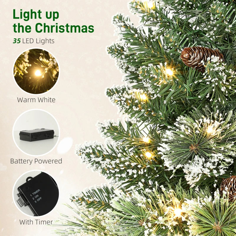 60 cm Prelit Snow Flocked Mini Christmas Tree with 35 LED Lights, Pine Cones, Linen Base - Battery Operated Green Tabletop Decor