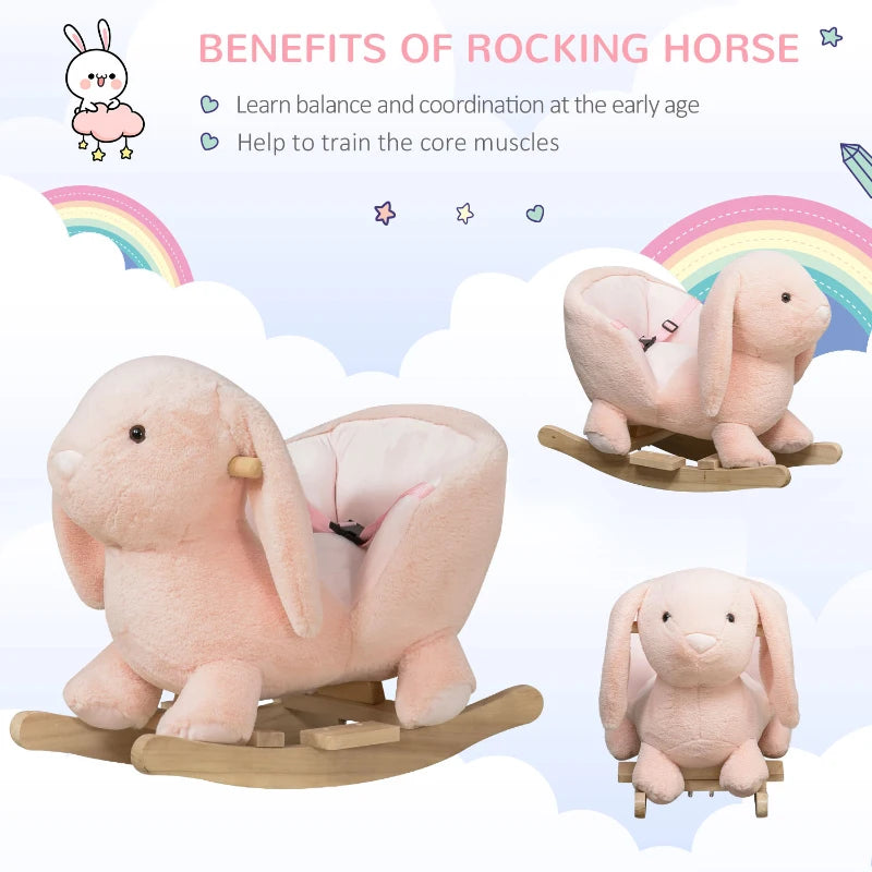 Plush Rocking Rabbit Ride-On Toy with Sound and Seatbelt for Toddlers Ages 18-36 Months Pink