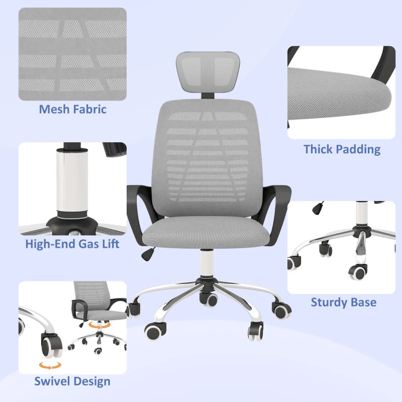 Vinsetto Ergonomic Mesh Office Chair with Rotatable Headrest, Lumbar Support & Armrests - Stylish Grey Desk Chair
