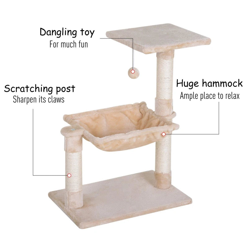 Beige Cat Scratch Post with Bed - Indoor Cat Tree & Hammock, Sisal Scratching Posts for Active Kittens