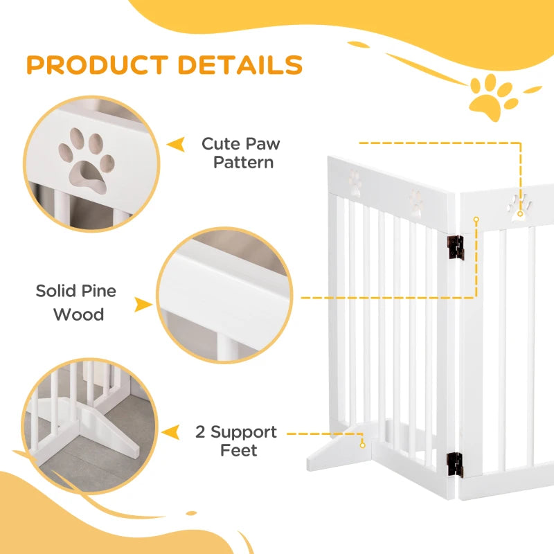 Freestanding 4-Panel Wooden Pet Gate - Folding Dog Barrier Safety Fence, 204cm Long, 61cm Tall for Doorways & Stairs - White