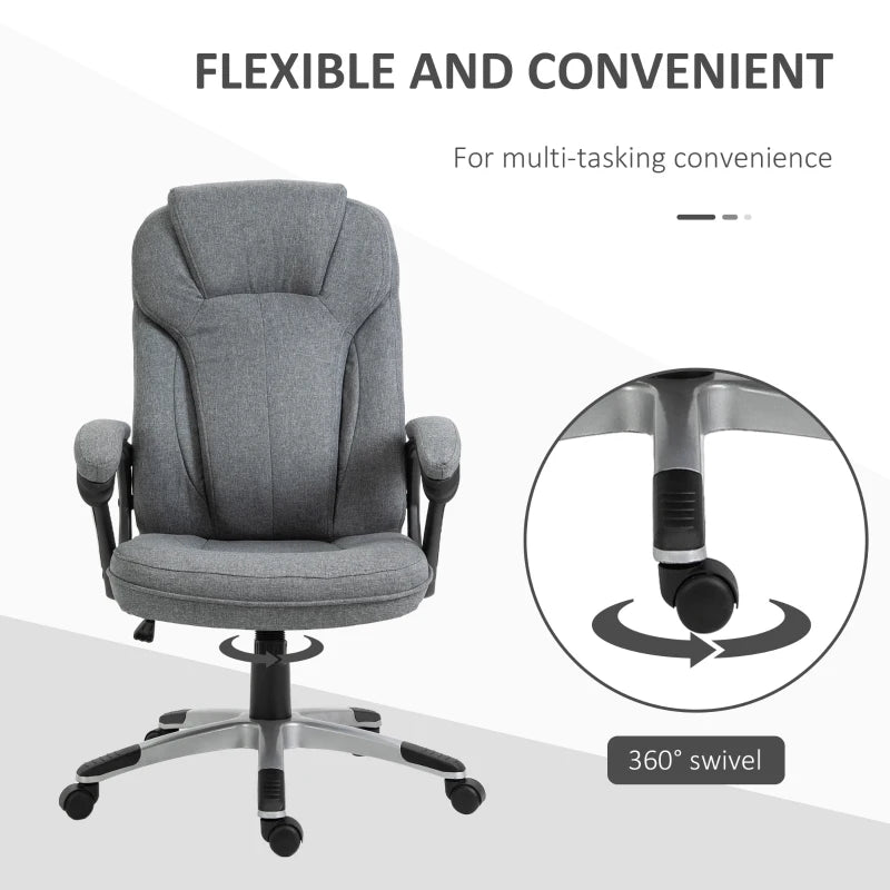 Vinsetto Grey Linen Fabric Office Chair - Height Adjustable Desk Chair with Padded Armrests, Swivel Wheels & Tilt Function