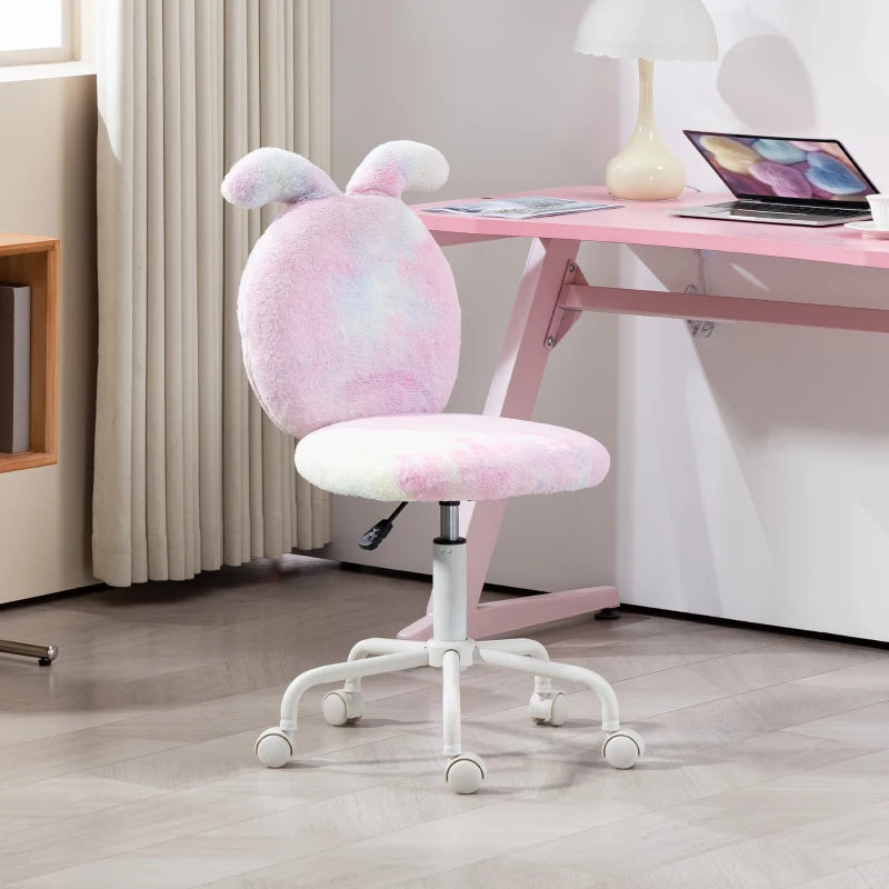 Fuzzy Bunny Ears Office Chair - Faux Fur Swivel Desk Chair, Armless Makeup Vanity Chair, Adjustable Height for Bedroom & Study