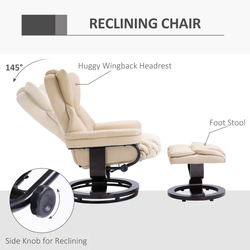 Cream Faux Leather Recliner Chair with Footstool, Swivel Armchair with Adjustable Backrest and Solid Wood Base for Living Room