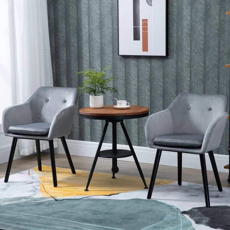 Modern Velvet Dining Chairs Set of 2 - Upholstered Leisure Chairs with Backrest & Armrests for Home Office & Kitchen - Grey