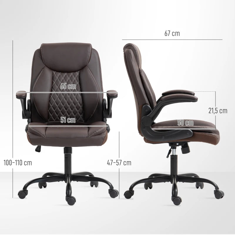 Stylish Brown Faux Leather Office Chair with Flip-Up Armrests - Ergonomic Design for Comfort and Productivity
