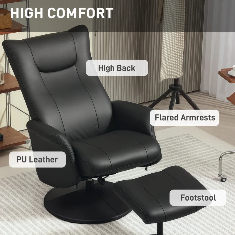 Stylish Swivel Recliner Chair with Footstool - Adjustable PU Leather Armchair for Living Room, Black