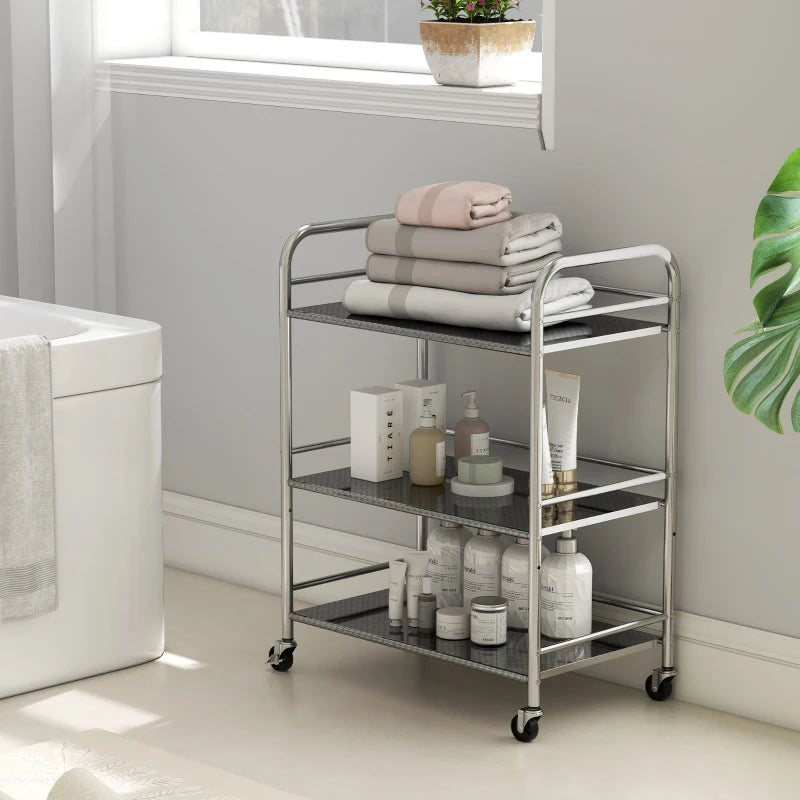3 Tier Stainless Steel Kitchen Storage Trolley with Adjustable Shelf - Versatile Silver Cart for Organizing Kitchen Essentials