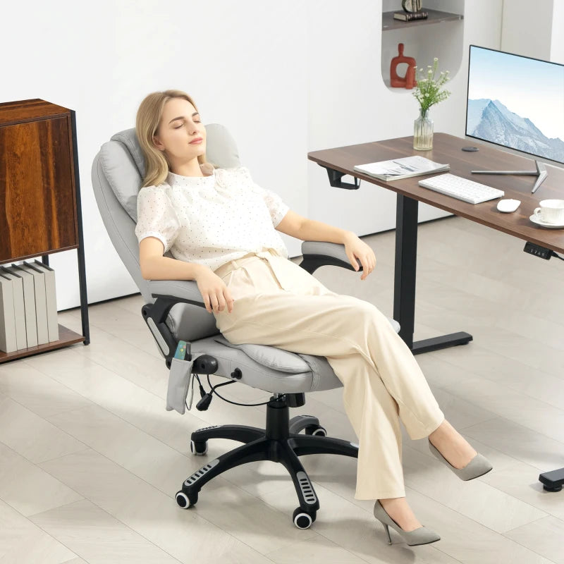 Light Grey 6-Point Massage Office Chair with Heated Seat, PU Leather High Back, Adjustable Height & 360° Swivel for Home Office