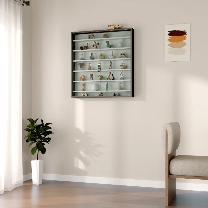 Modern Six Shelf Display Cabinet with Glass Doors - Stylish Black and White Storage Solution for Home or Office