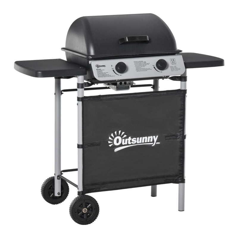 Black 2-Burner Propane Gas BBQ Grill with Side Shelves and Wheels