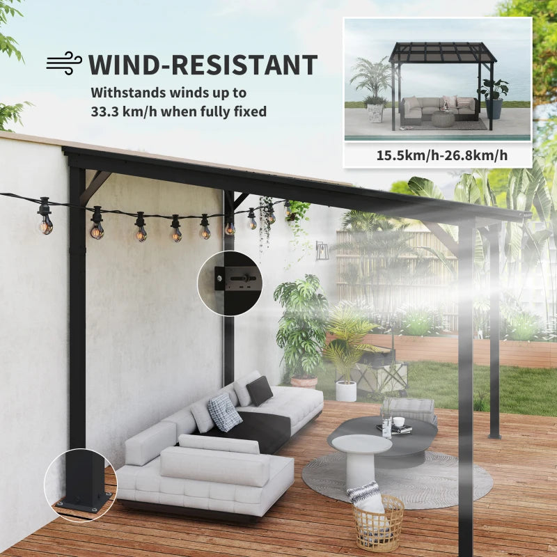 3x3m Dark Grey Metal Pergola with UPF 50+ Waterproof Polycarbonate Roof - Wall-Mounted or Free Standing Garden Gazebo, Wind-Resistant Outdoor Sun Shade