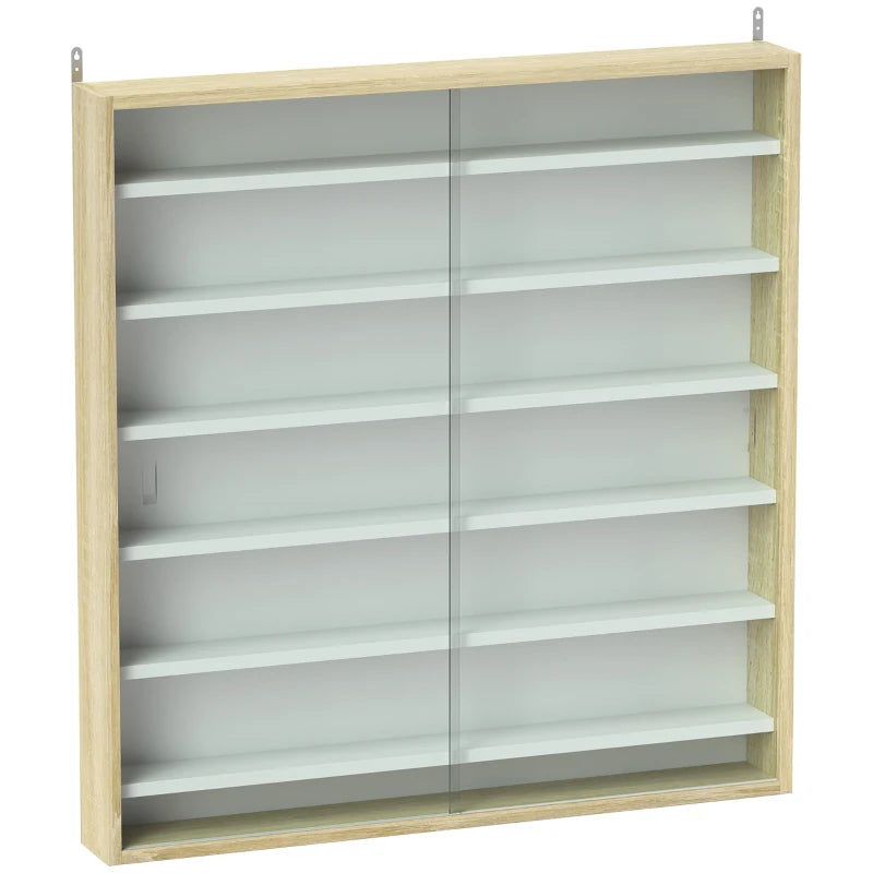 7-Tier Oak Wall Display Shelf Unit with Glass Doors & 6 Adjustable Shelves for Home Office Ornaments - 83x80cm