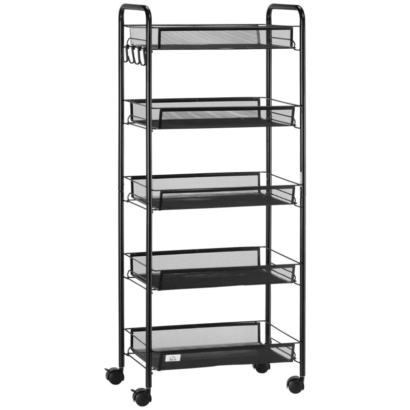 Five-Steel Mesh Storage Trolley with Wheels - Black Basket Organizer for Home, Office, and Kitchen