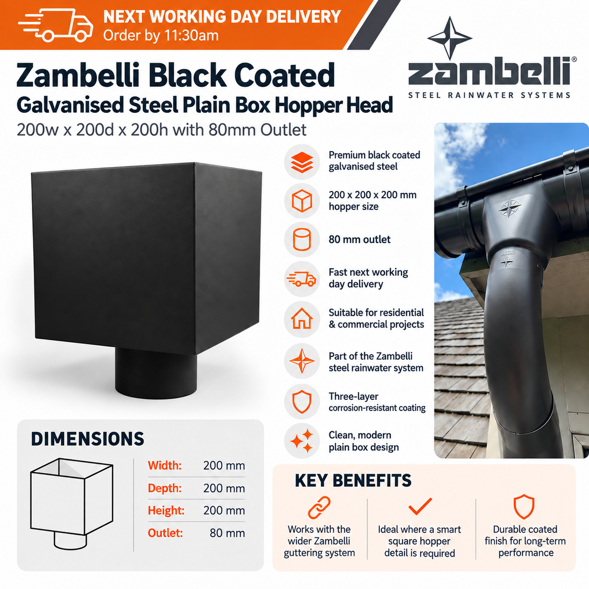Zambelli Black Coated Galvanised Steel Plain Box Hopper Head 200w x 200d x 200h with 80mm Outlet