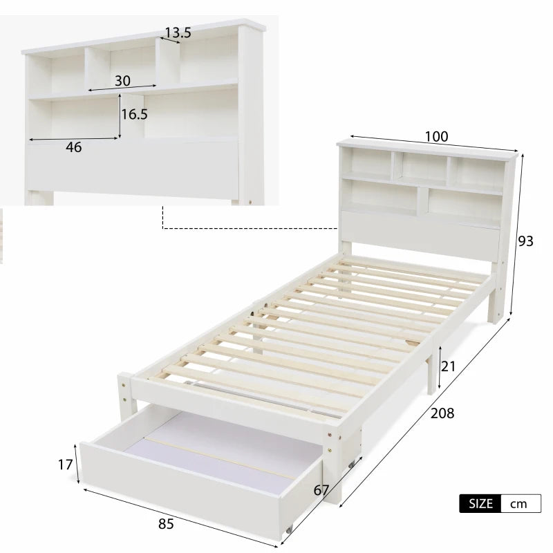 Modern 3ft Single Bed with Drawers - Stylish White Pinwood Design for Aesthetic & Practical Bedroom Storage