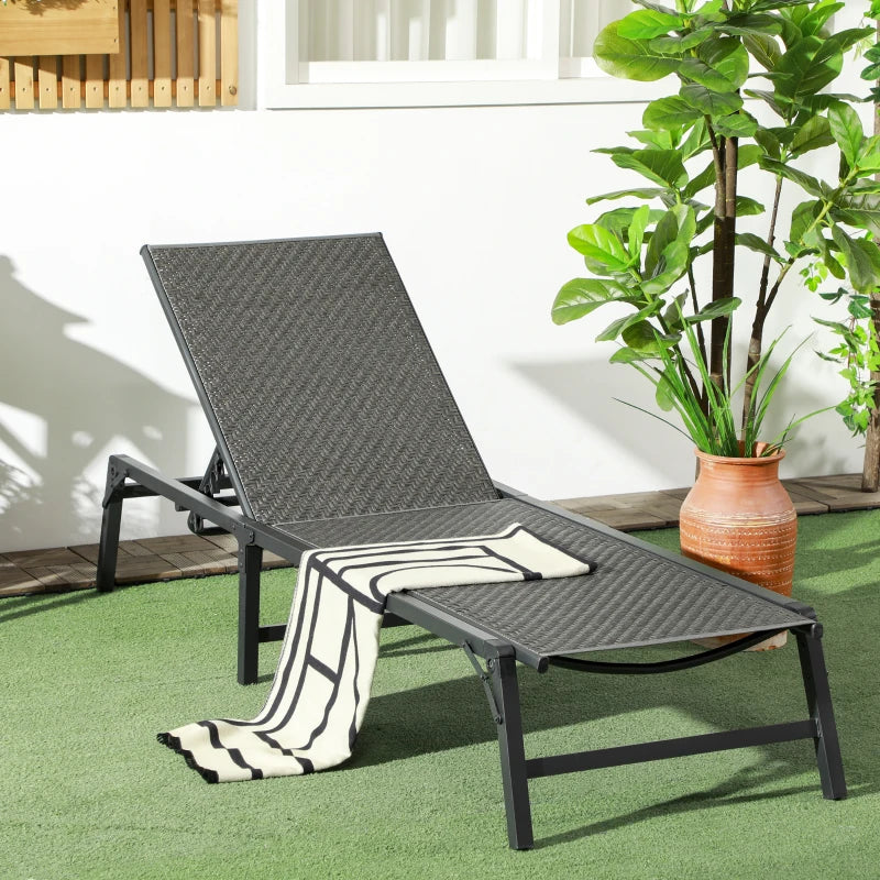 Grey Foldable Rattan Sun Lounger with Adjustable Backrest