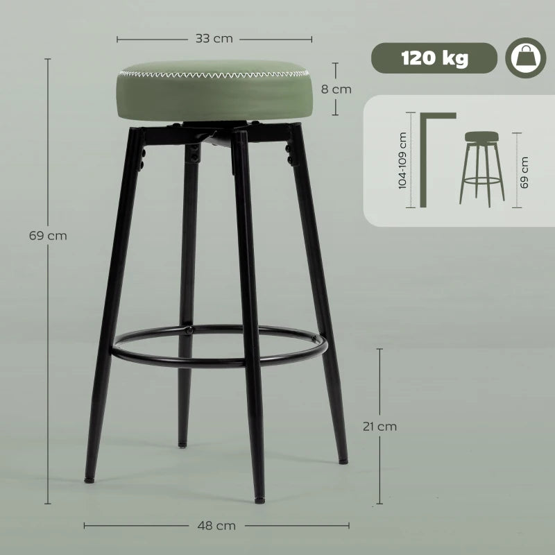 Set of 2 Modern Faux Leather Bar Stools - Stylish Green and Black Design for Kitchen or Home Bar
