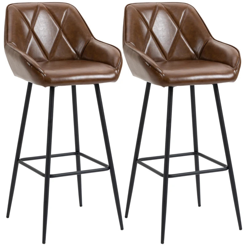 Retro Bar Stools Set of 2 - Stylish Breakfast Bar Chairs with Footrest, Steel Legs, Perfect for Kitchen & Home Bar, Brown