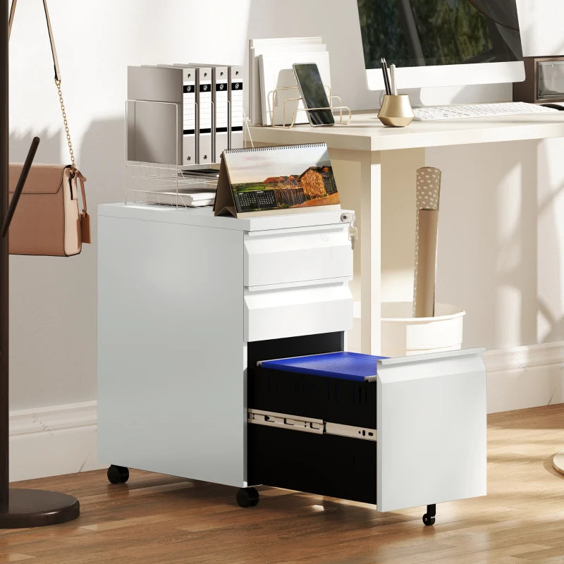 Vinsetto 3-Drawer Lockable Steel Filing Cabinet on Wheels - Modern White Office Storage Solution
