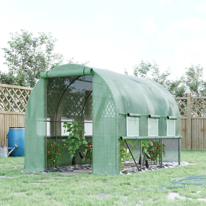 Green Walk-in Polytunnel Greenhouse with Roll-up Sidewalls, UV-resistant Cover, 3x2x2m