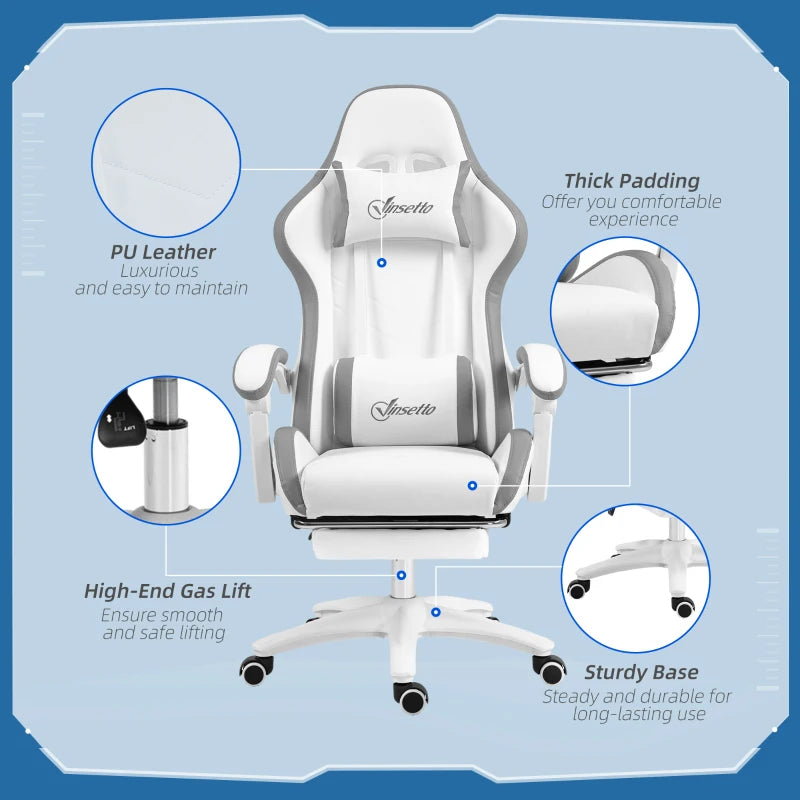 Vinsetto Gaming Chair with Footrest - PU Leather Swivel Desk Chair, 135° Recline, Lumbar Support, White & Grey